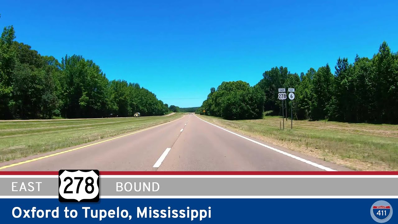 Cruise across north-central Mississippi on U.S. Route 278 from Tupelo to Oxford. This 59-mile drive offers a smooth ride through wooded landscapes, small towns like Pontotoc, and ends with a scenic bypass around Oxford, home of Ole Miss.